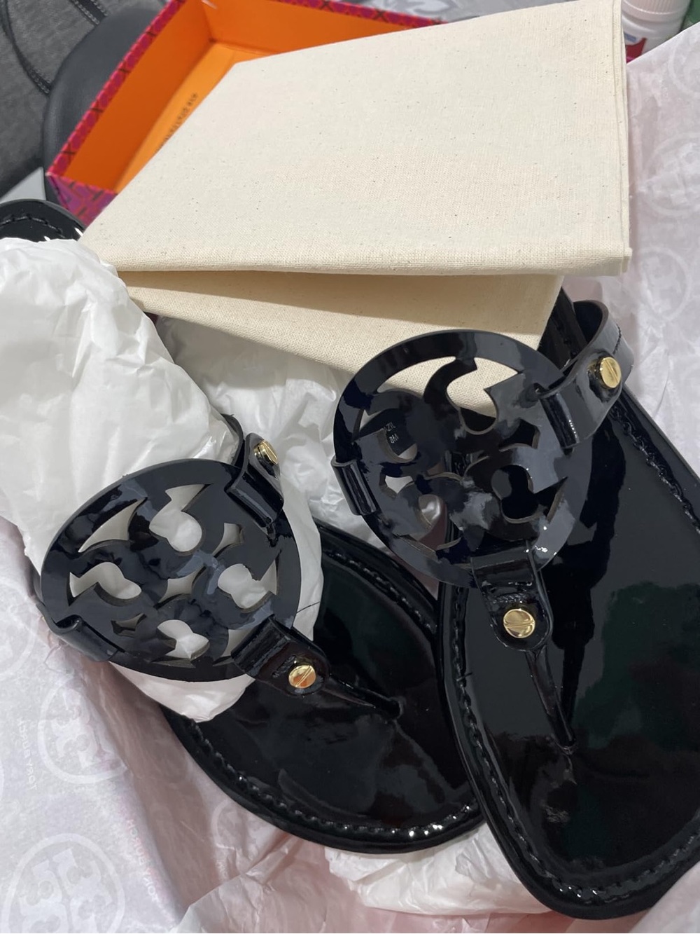 Tory Burch Black Patent Logo Thong Sandals with Gold Studs